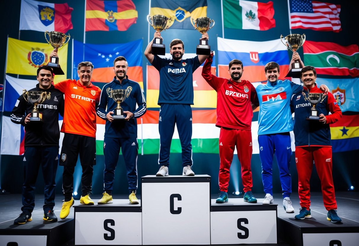 Six CS players from different countries standing on a podium, holding trophies and surrounded by flags from various nations