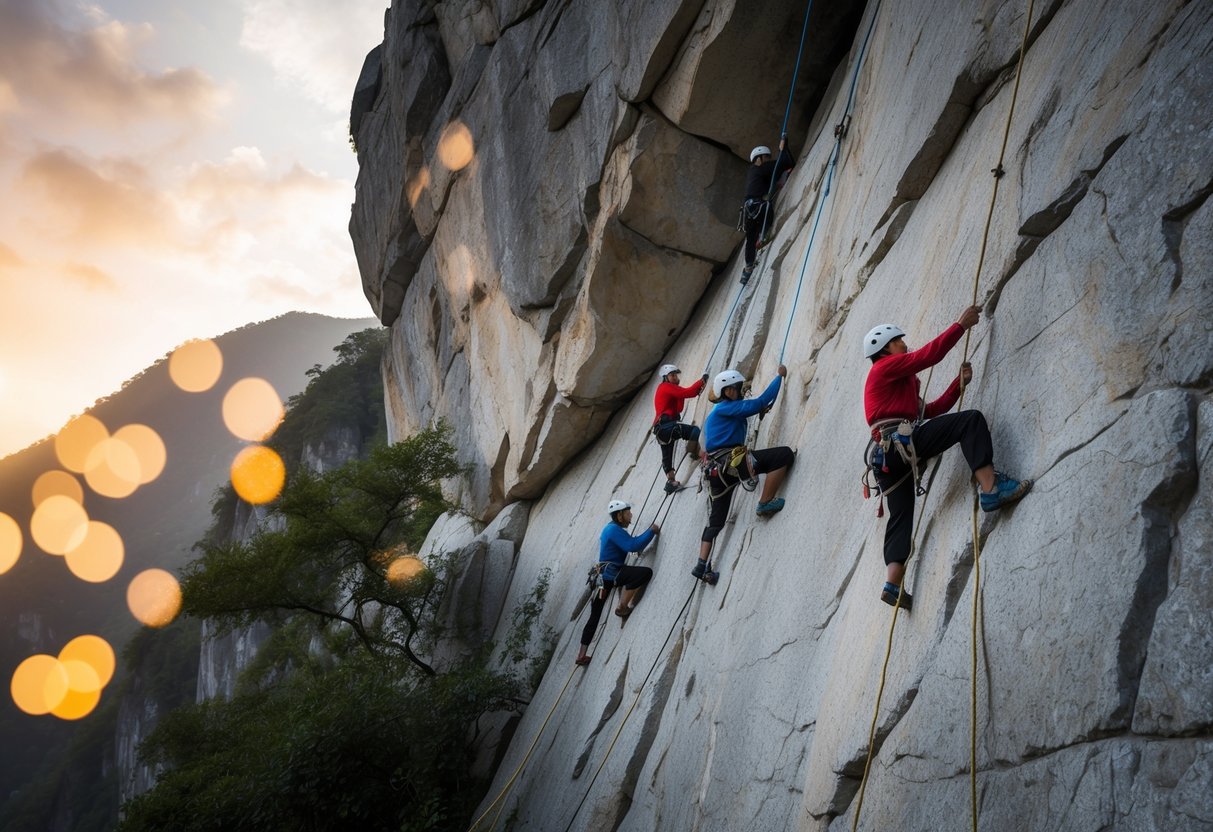 A group of ancient Chinese climbers navigate a steep rock face using primitive tools and techniques