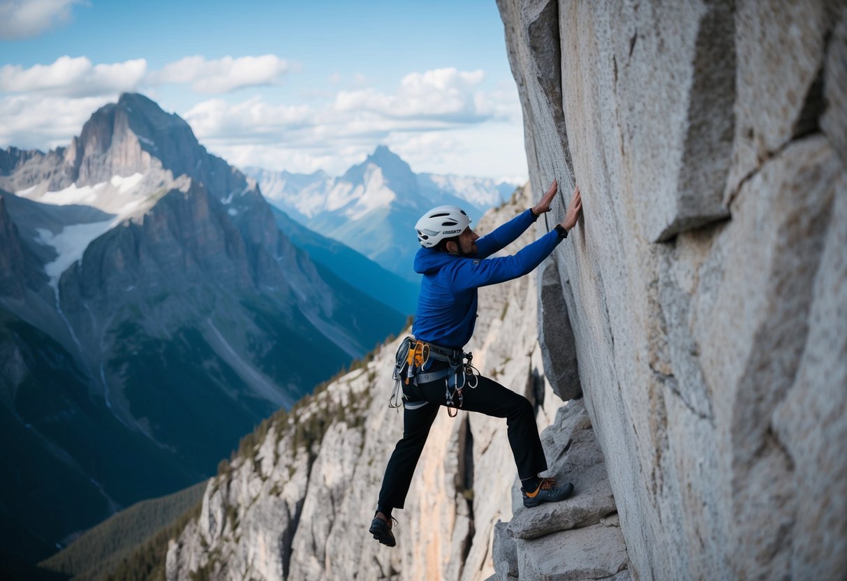 A climber reaches for a small ledge on a sheer rock face, with the vast expanse of a mountain range stretching out behind them