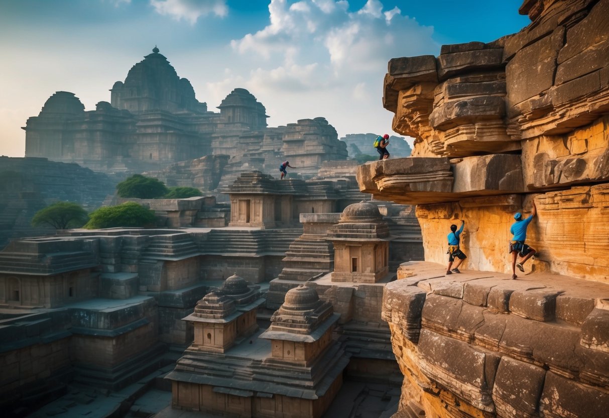 A breathtaking view of ancient rock formations in Hampi, India, with climbers scaling the rugged cliffs, showcasing the surprising insights of the world of rock climbing