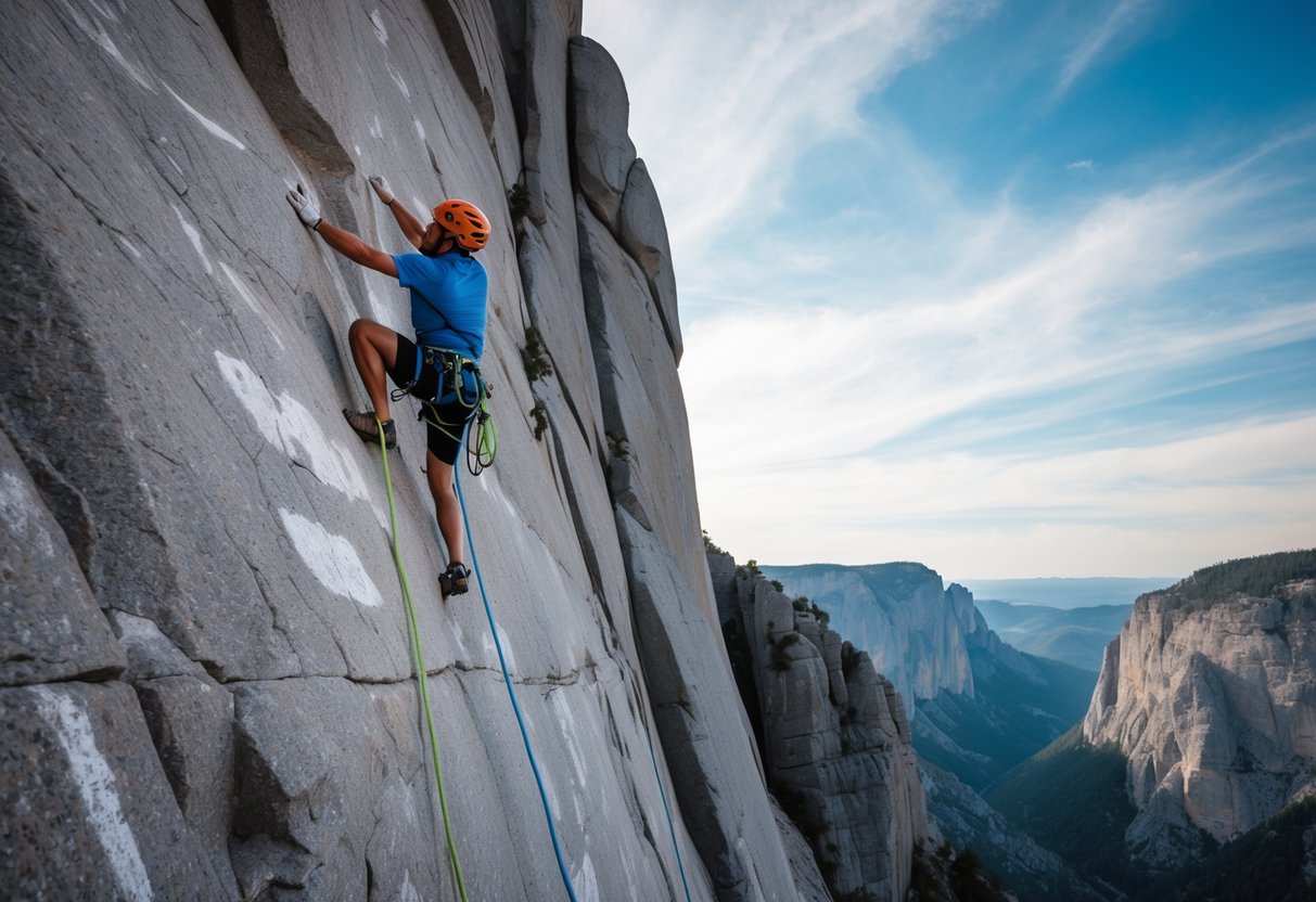 A climber conquers a steep rock face, surrounded by rugged cliffs and a vast expanse of sky.</p><p>Chalk marks and ropes hint at the intense physical and mental challenges of the sport