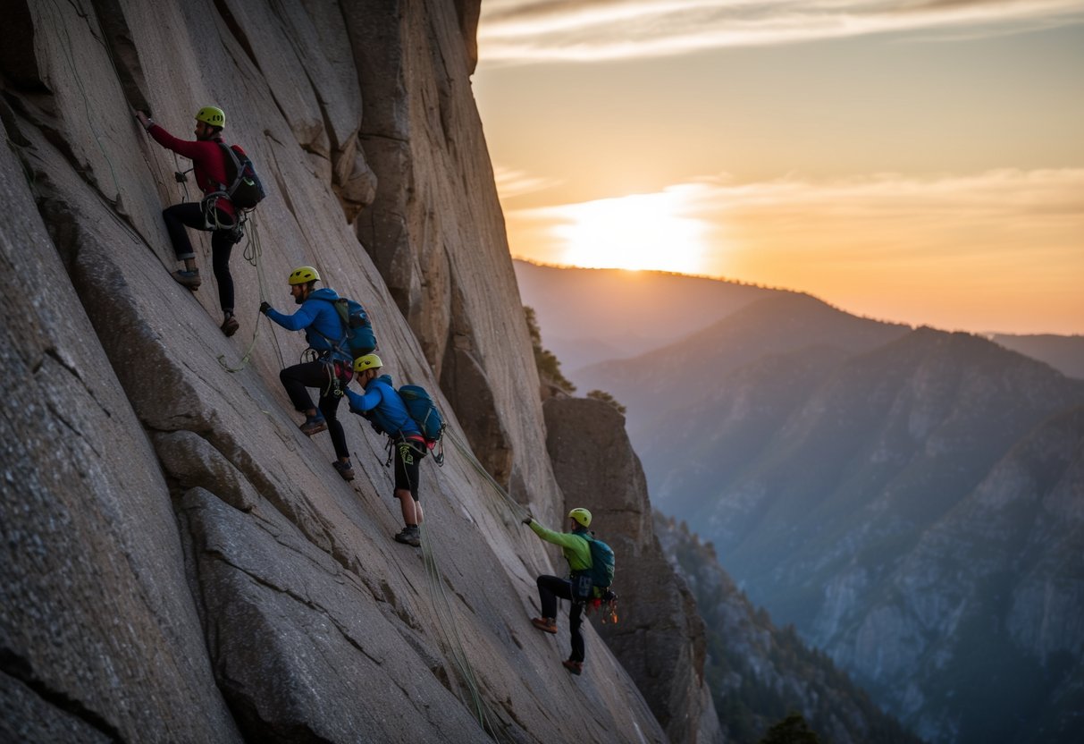 A group of rock climbers scaling a steep cliff, their ropes and gear hanging off the rocky surface.</p><p>The sun sets in the background, casting a warm glow over the rugged landscape