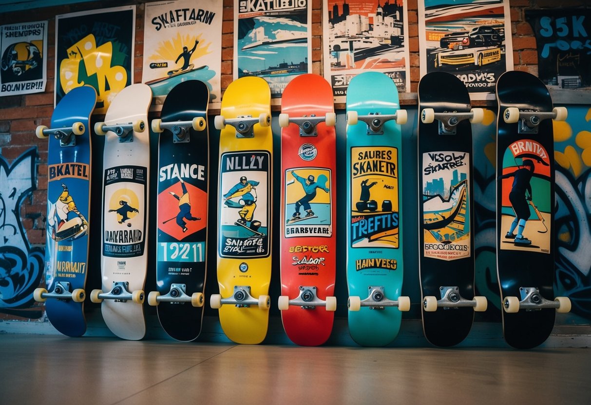 A group of iconic skateboards displayed on a wall, surrounded by vintage posters and graffiti art, capturing the essence of skateboarding culture