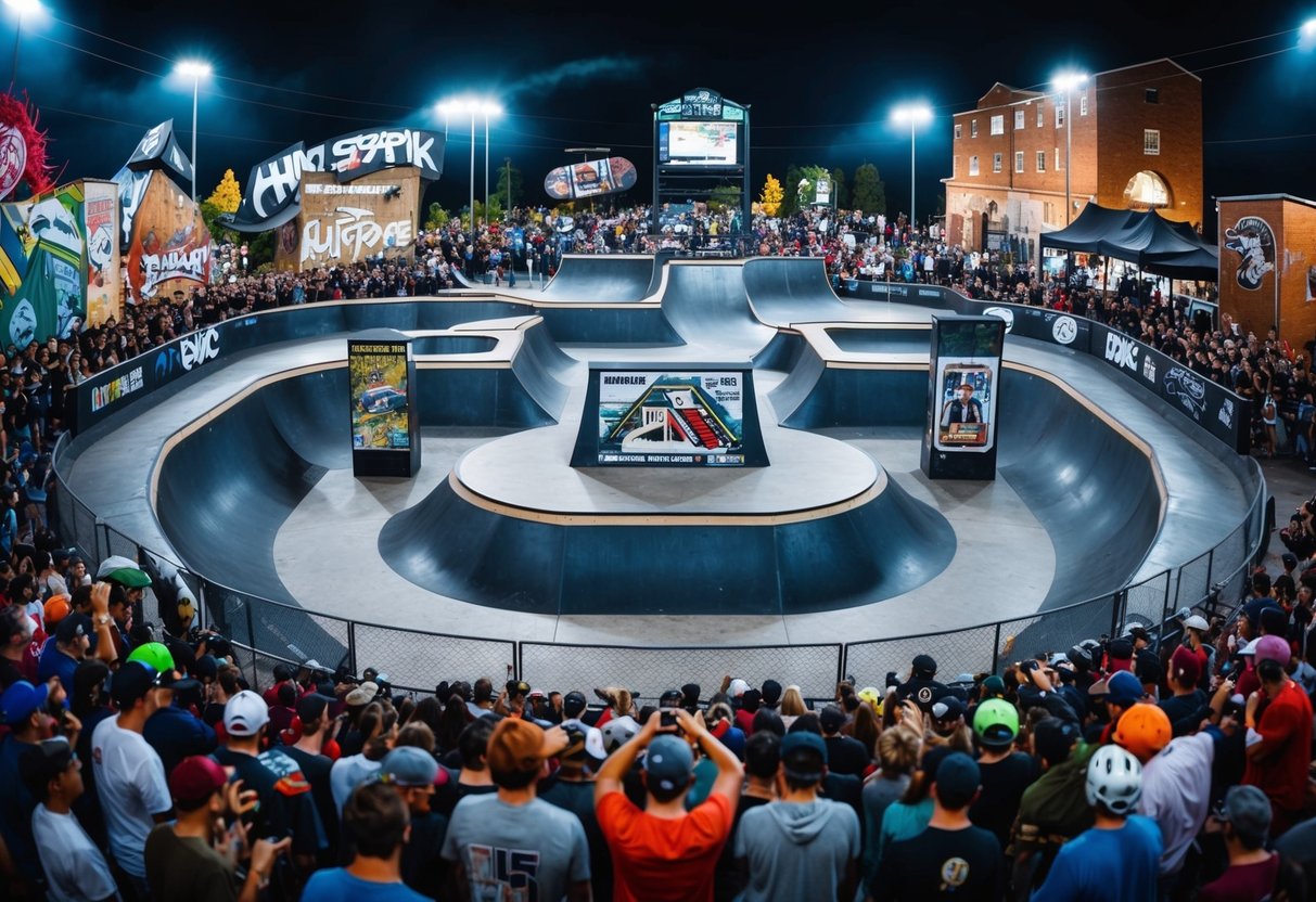 A skatepark with iconic skateboarding landmarks and memorabilia, surrounded by a crowd of enthusiastic fans and aspiring skaters