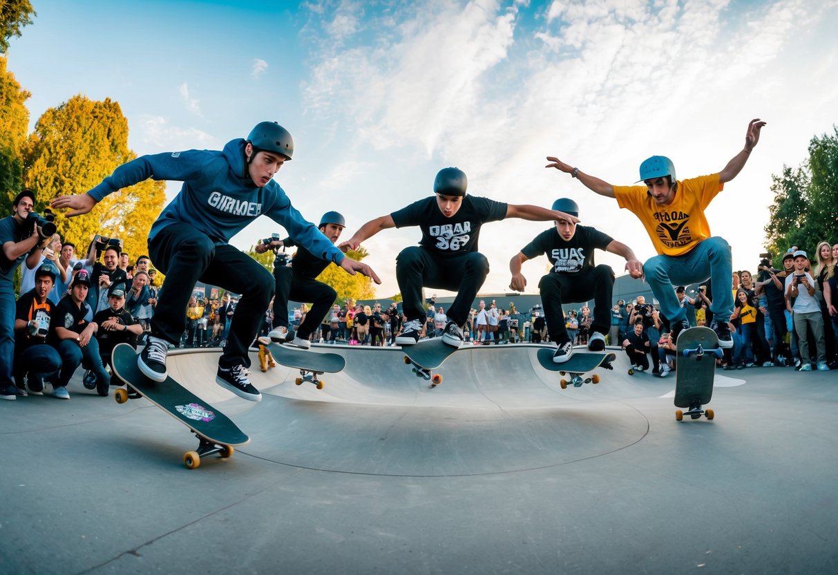 A group of five iconic skateboarders performing legendary tricks in a skatepark filled with enthusiastic fans and photographers capturing the action