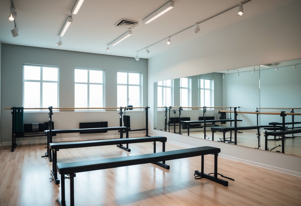 A bright, spacious studio filled with barre equipment and mirrors, with soft lighting and a serene atmosphere