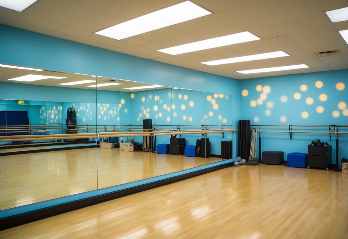 A bright and spacious studio with mirrored walls, ballet barres, and a sprung floor.</p><p>Various props and equipment are neatly organized along the walls