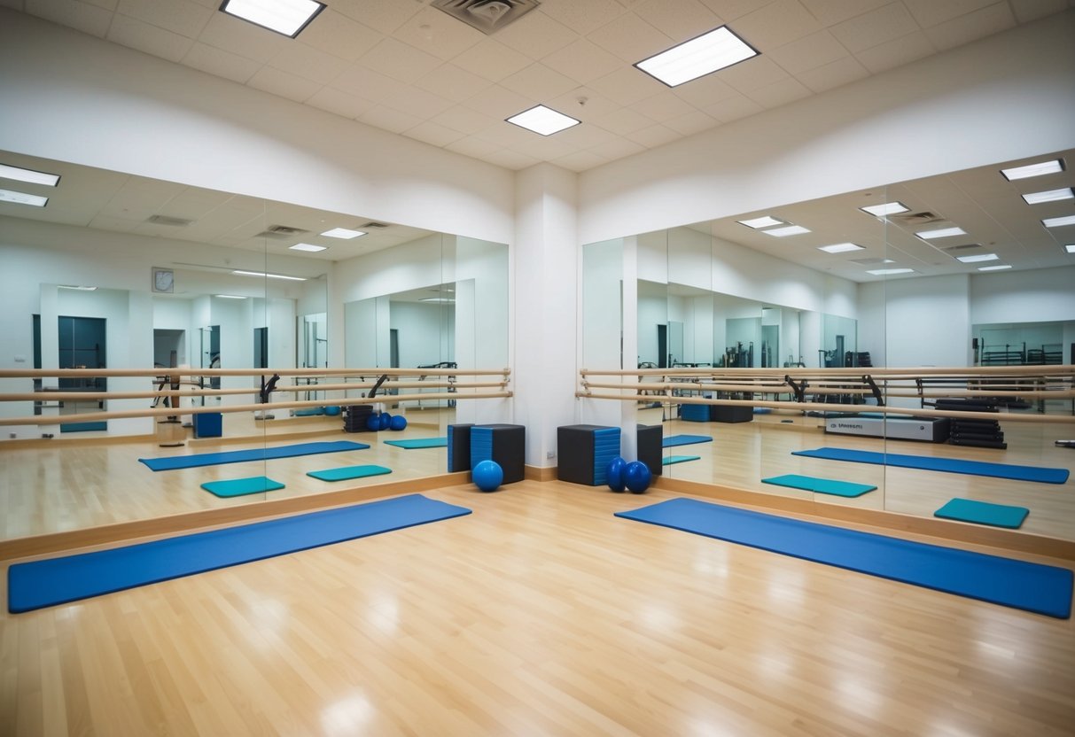 A bright, spacious studio with mirrored walls and ballet barres, surrounded by exercise mats and fitness equipment