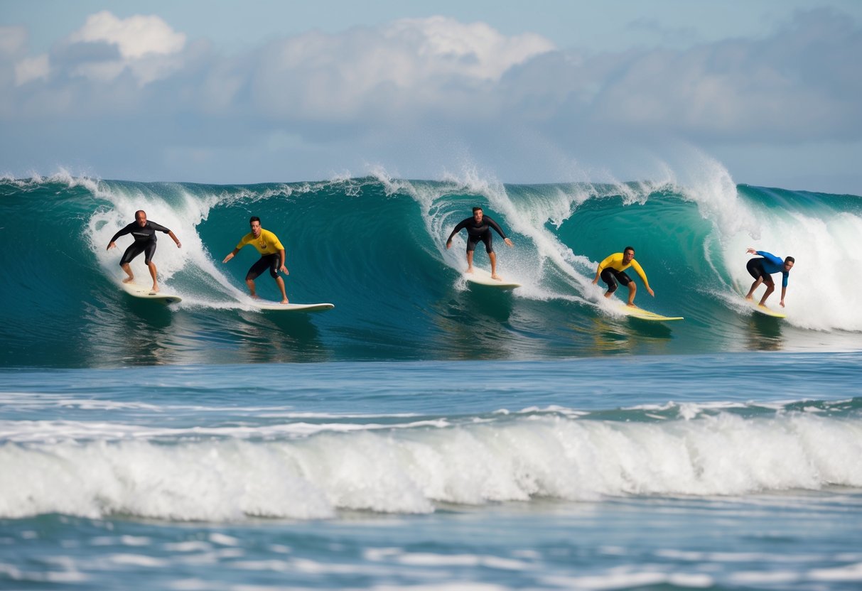 A series of surfers riding waves in different styles, from traditional longboarding to modern aerial maneuvers, showcasing the evolution of surfing techniques