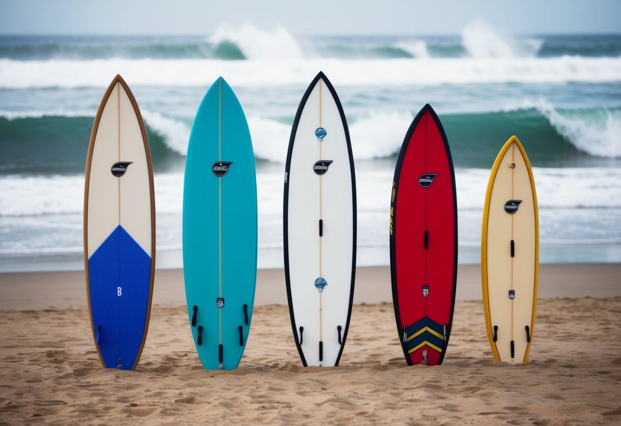 Five surfboards lined up on a sandy beach, each with a different design and color scheme.</p><p>Waves crashing in the background