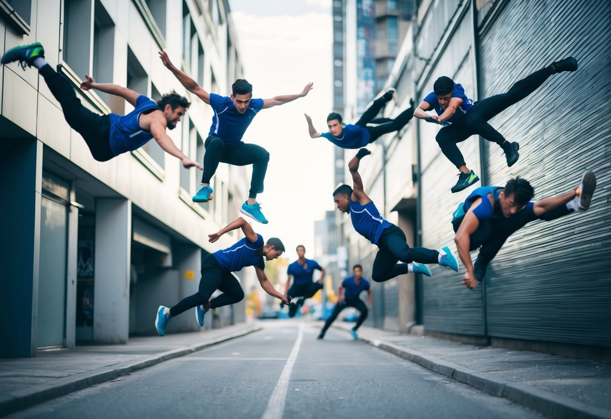 A group of parkour athletes in action, leaping and flipping through an urban environment, showcasing their agility and strength