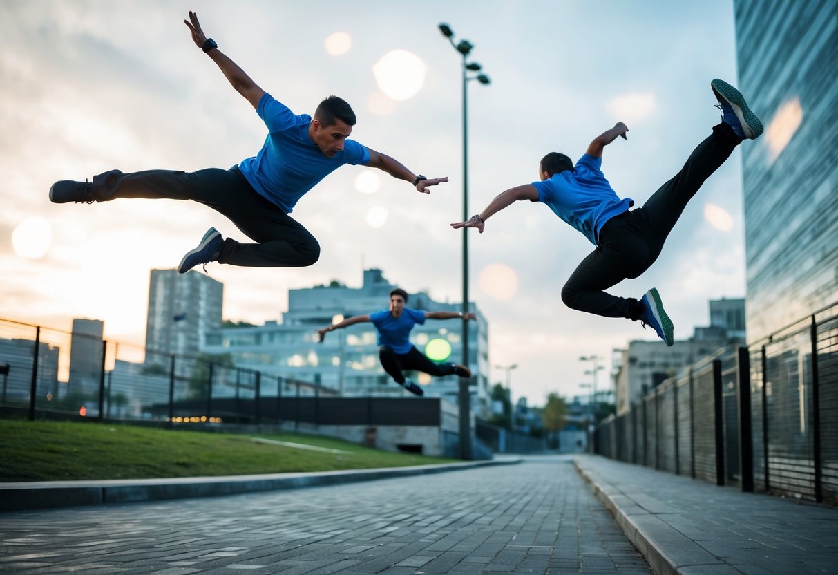 Parkour athletes leaping and flipping through an urban landscape, captured in mid-air with dynamic movement and energy