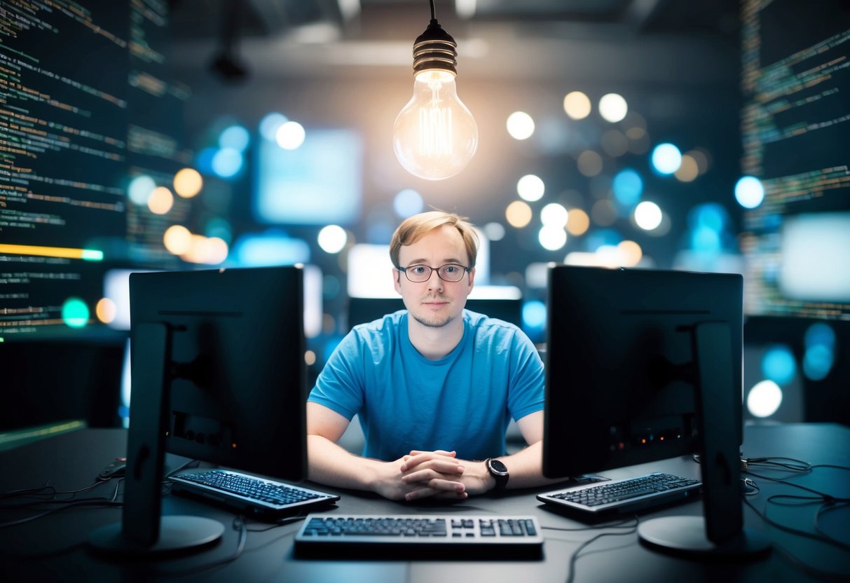 Linus Torvalds surrounded by computers and code, with a lightbulb overhead