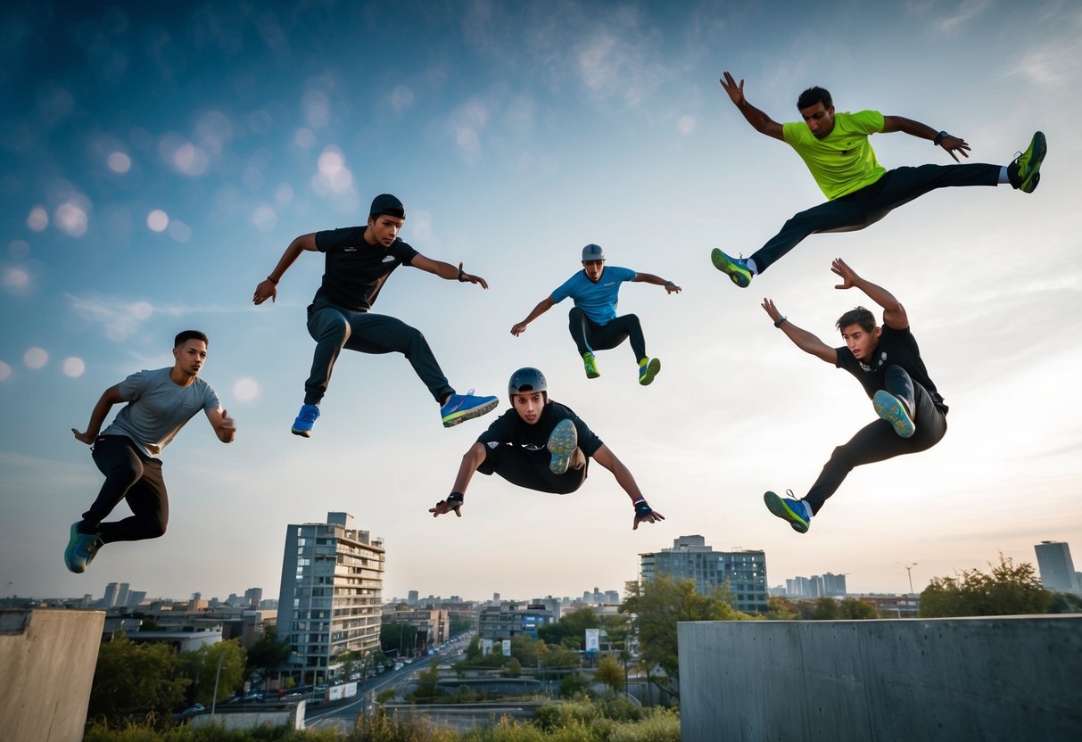 Five parkour athletes in action, leaping, vaulting, and flipping through an urban landscape, showcasing their agility and athleticism