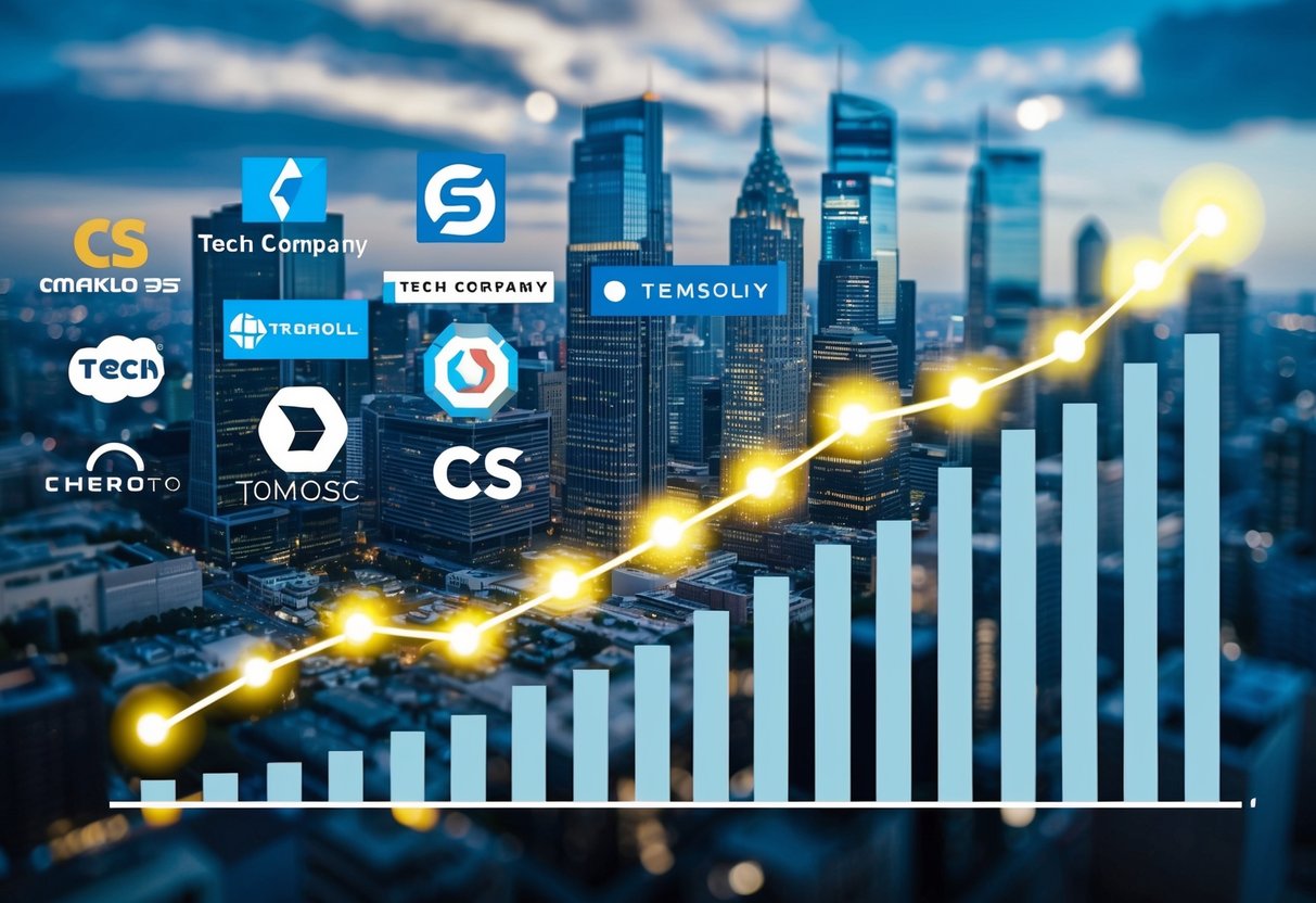 A bustling city skyline with various tech company logos shining brightly, while a graph showing CS's market growth trends upwards