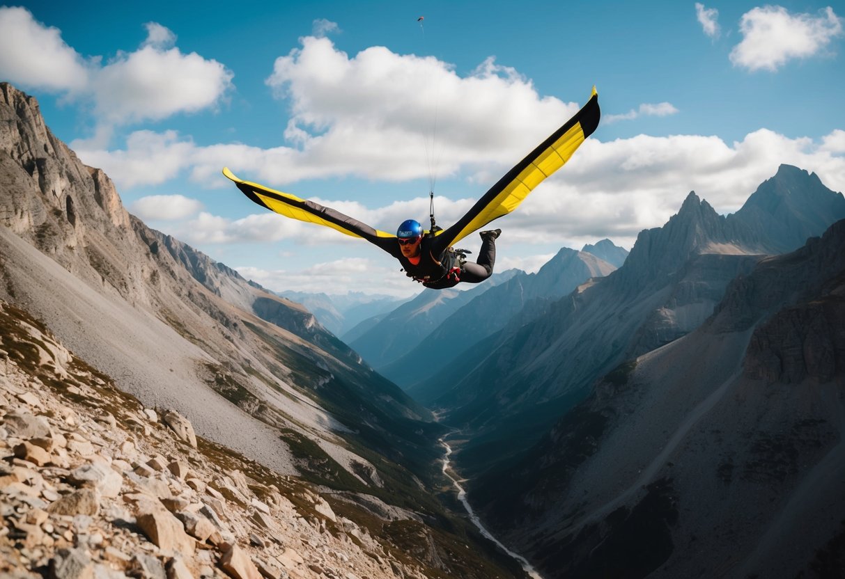 A wingsuit flyer soaring through a narrow mountain pass, surrounded by rugged peaks and a vast expanse of sky