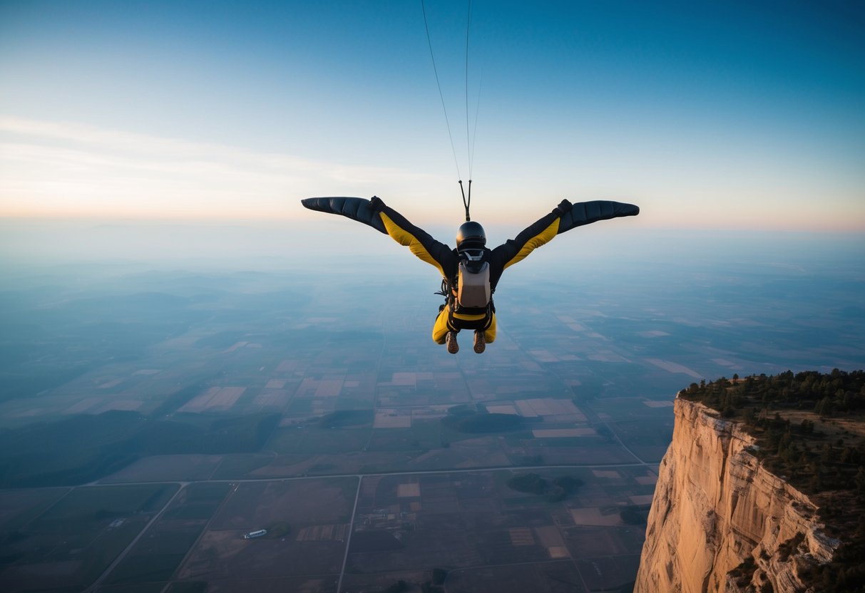 A figure in a wingsuit soars through the sky, surrounded by the vast open landscape below.</p><p>The horizon stretches out in the distance as the daredevil BASE jumps from a towering cliff