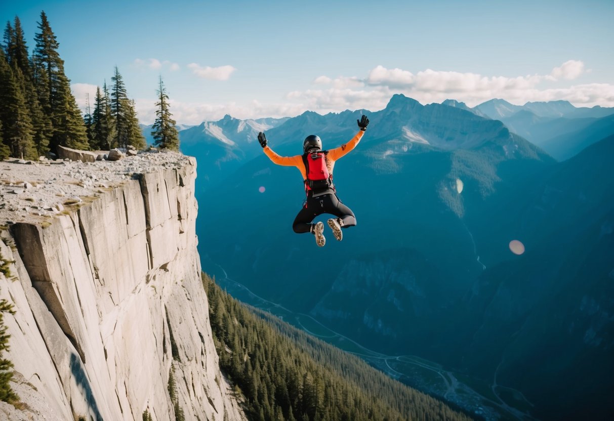 A base jumper leaps from a towering cliff, surrounded by breathtaking mountainous scenery and a clear blue sky