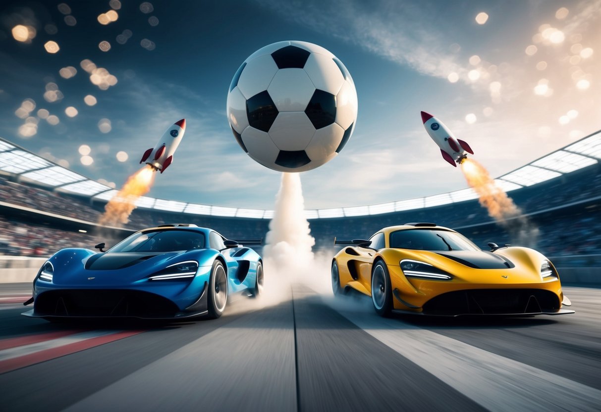 Two cars race across a futuristic arena, launching a giant soccer ball into the air with rocket boosters