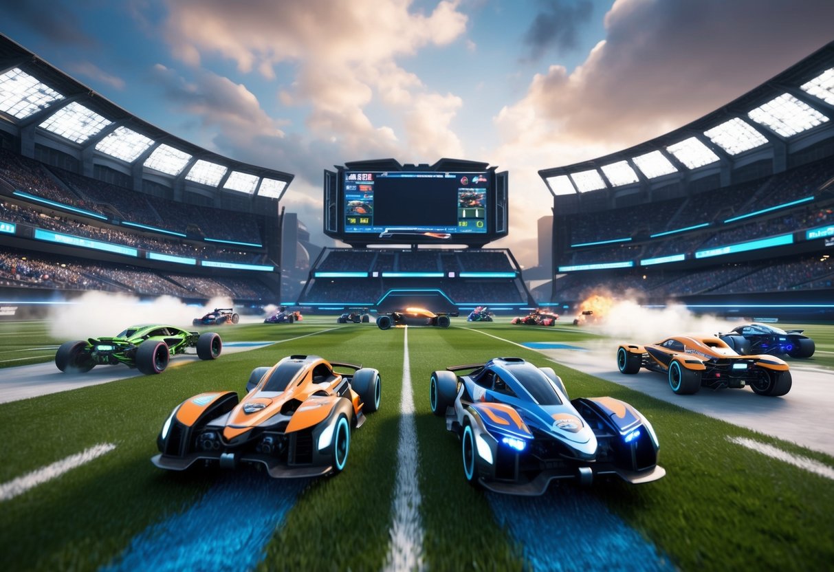 A futuristic stadium with customizable battle-cars racing and competing in a high-energy Rocket League match