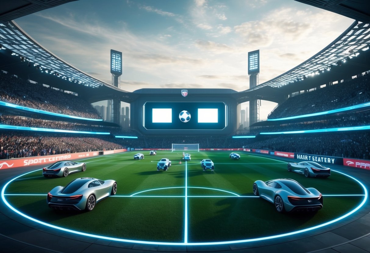 A futuristic stadium with sleek, hovering cars playing soccer on a neon-lit field, surrounded by cheering fans and towering screens