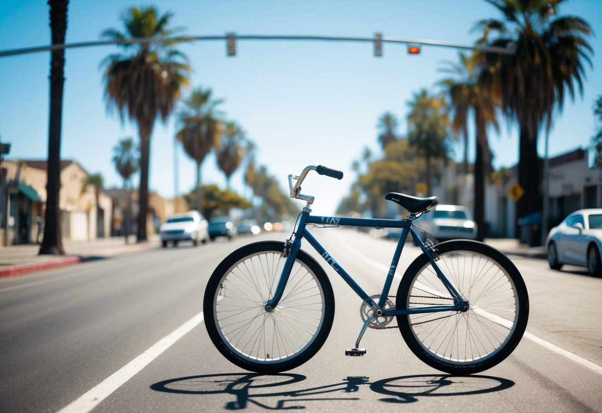 A sunny California street with a vintage BMX bicycle, surrounded by palm trees and a clear blue sky