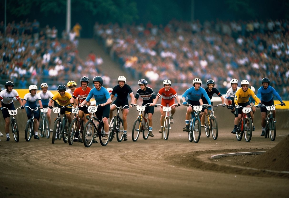 A group of riders gather at a dirt track, showcasing the early days of BMX racing in the 1970s.</p><p>The atmosphere is filled with excitement and anticipation as the sport begins to take off