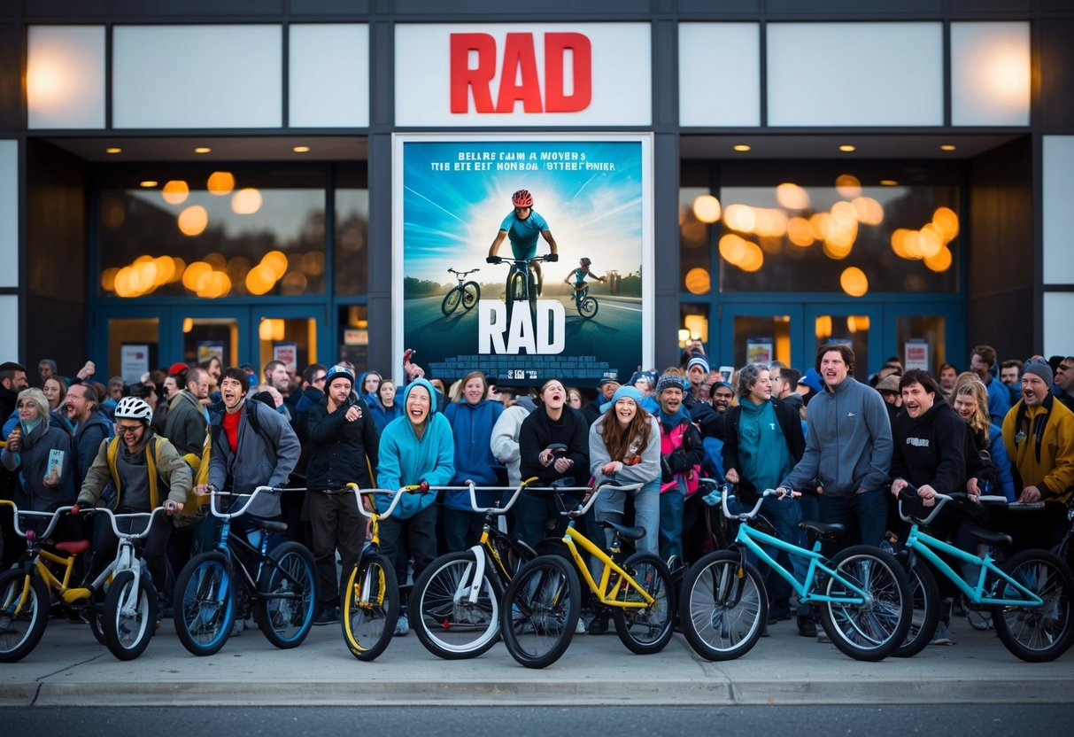 A crowd gathers outside a movie theater, with a large 'Rad' movie poster displayed.</p><p>BMX bikes are parked nearby, and people are excitedly waiting in line to enter the theater