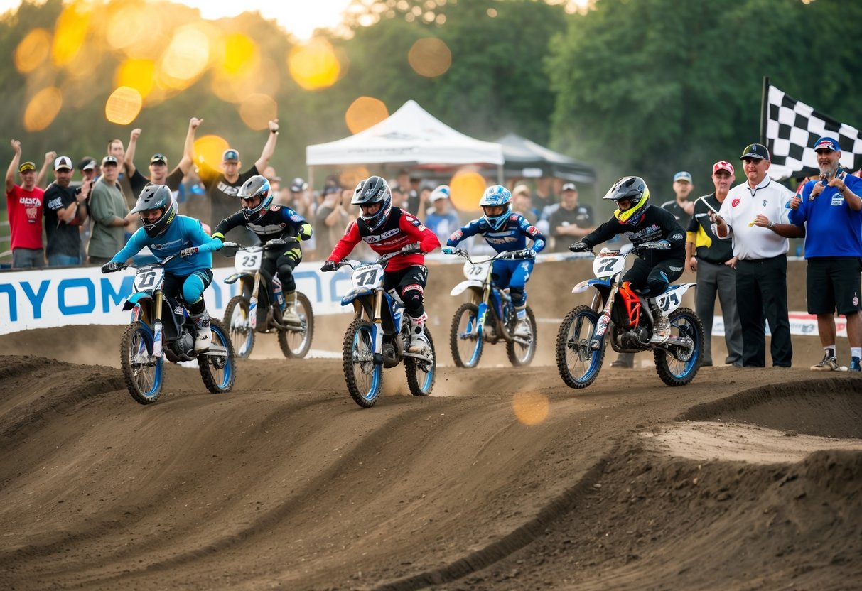 A group of bikers performing tricks on a dirt track, surrounded by cheering spectators and judges