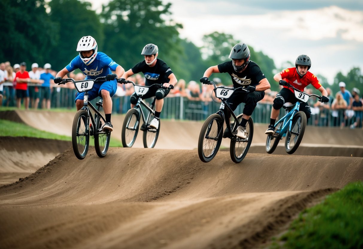 A group of riders navigate a dirt track, performing stunts and jumps on their BMX bikes.</p><p>A crowd watches as the sport gains popularity