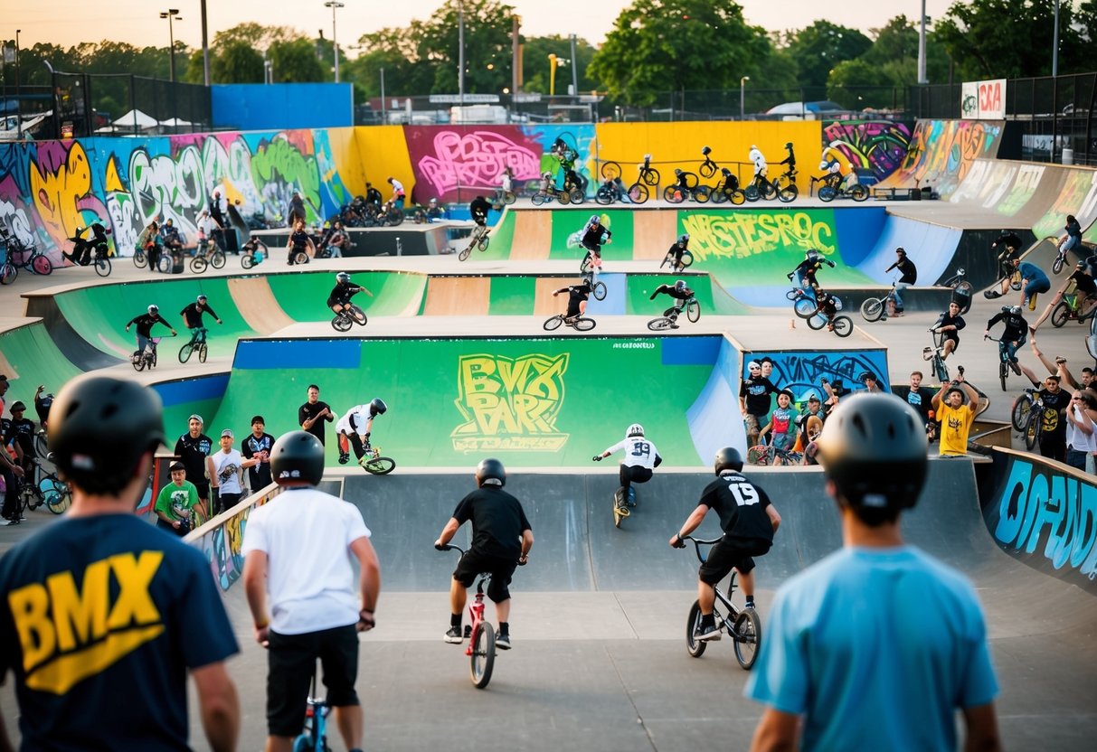 A bustling BMX park filled with riders performing tricks, surrounded by vibrant graffiti and cheering spectators