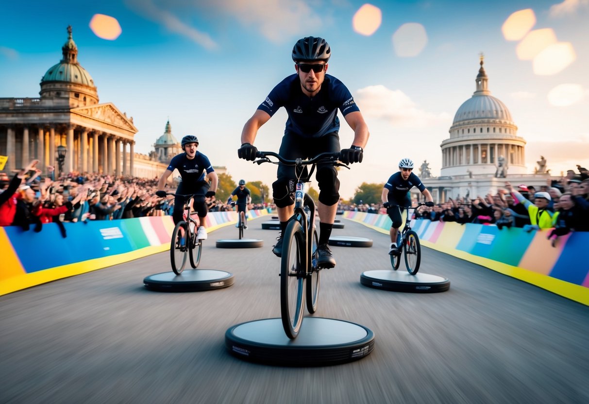 A BMX bike rolling over six key historical landmarks, surrounded by cheering crowds and colorful banners