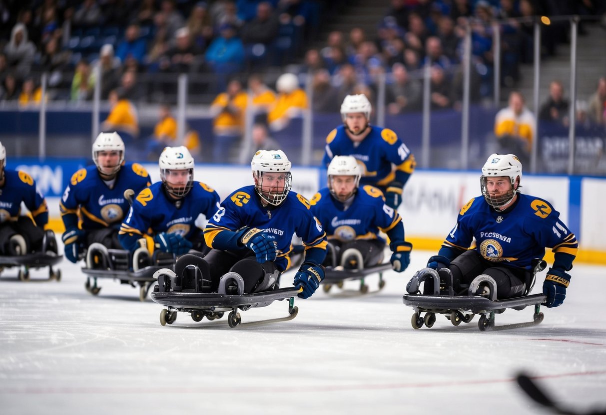 A group of sled hockey players competing on the ice, showcasing their skills and athleticism in an intense game