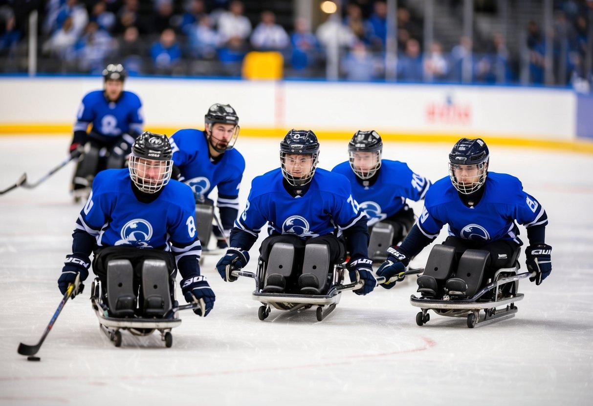 A group of sled hockey players compete on the ice, showcasing their skill and determination in the fast-paced and intense game