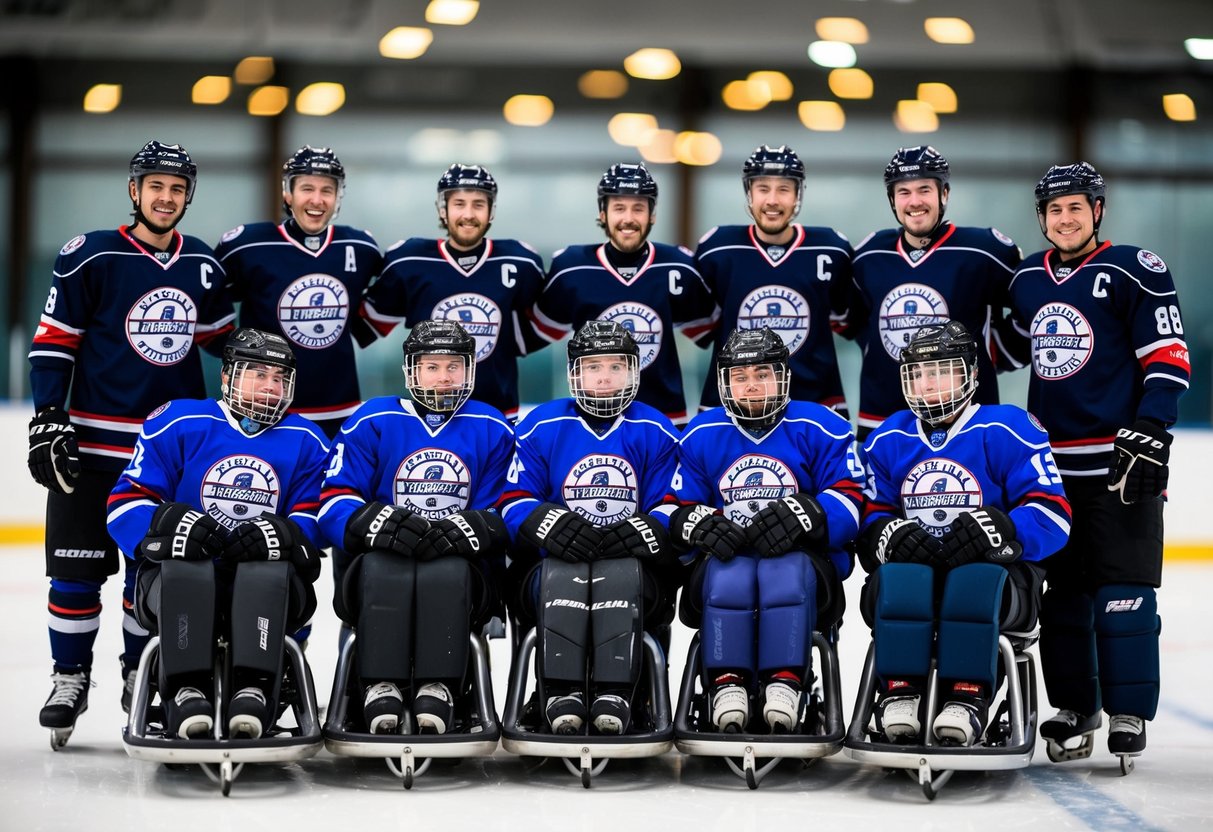 A group of six sled hockey players, each wearing their team jerseys, gathered together for a photo op.</p><p>The players are smiling and posing with their sleds on the ice