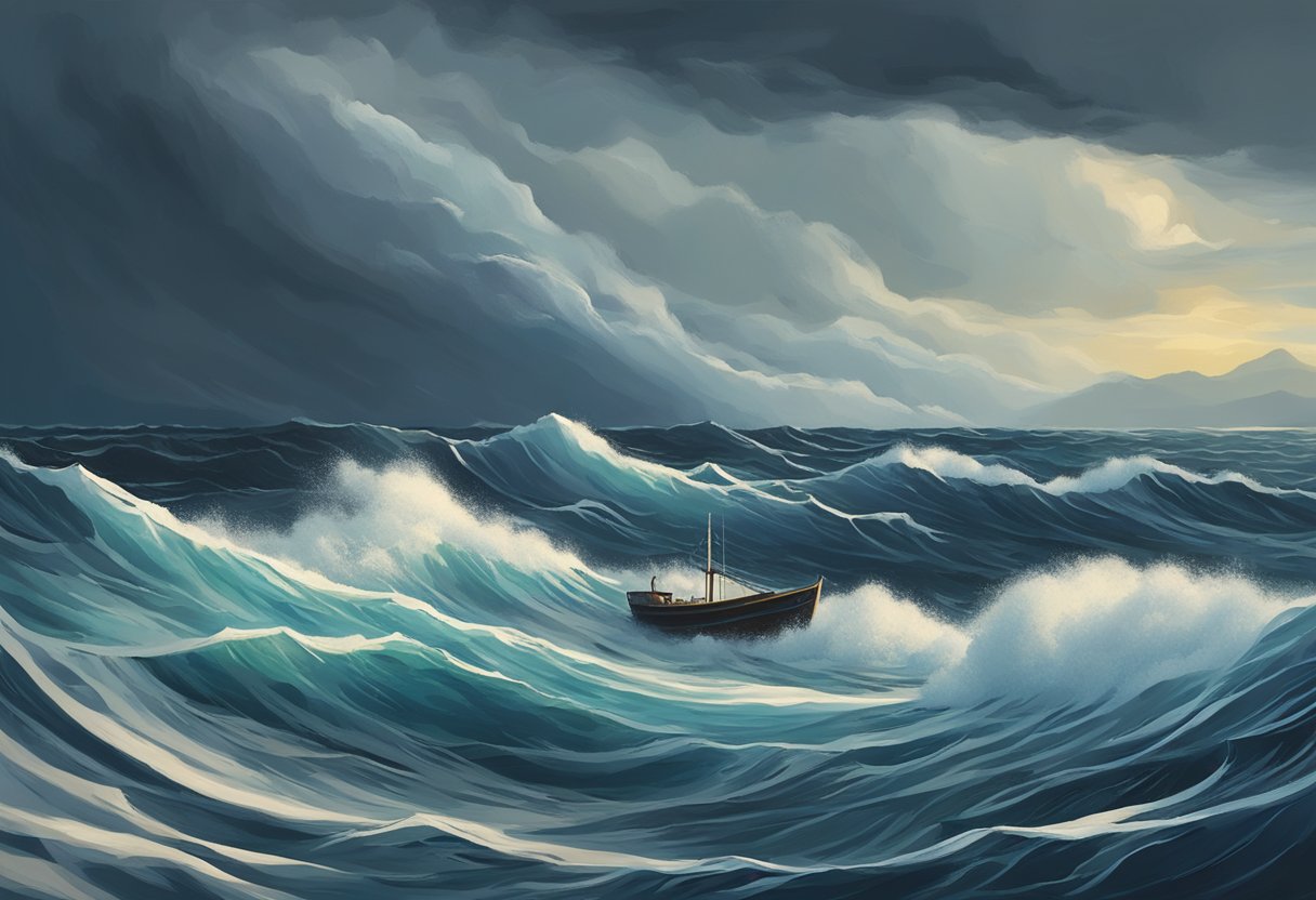 A stormy sea with a lone boat struggling against the waves