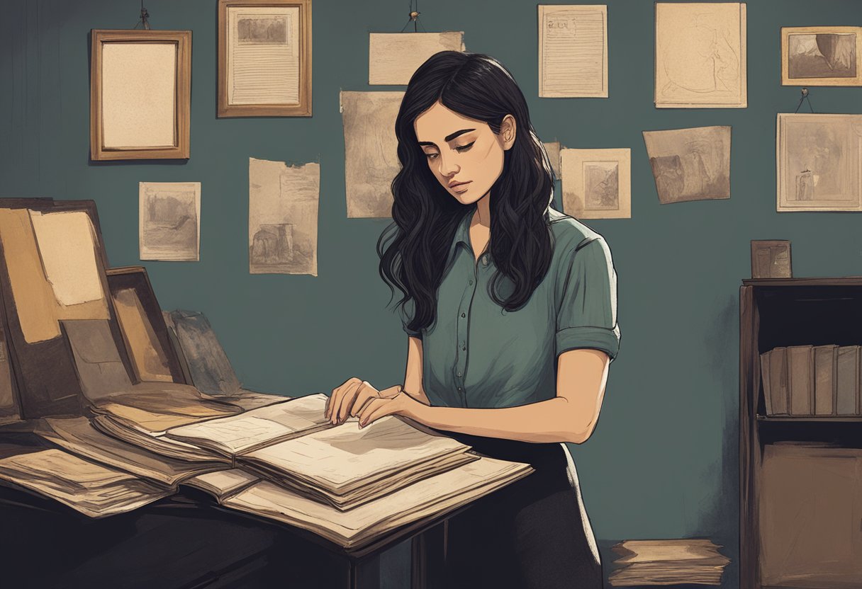 Bella Poarch standing alone in a dimly lit room, surrounded by old photographs and a worn diary. A single tear falls from her eye as she reflects on her past