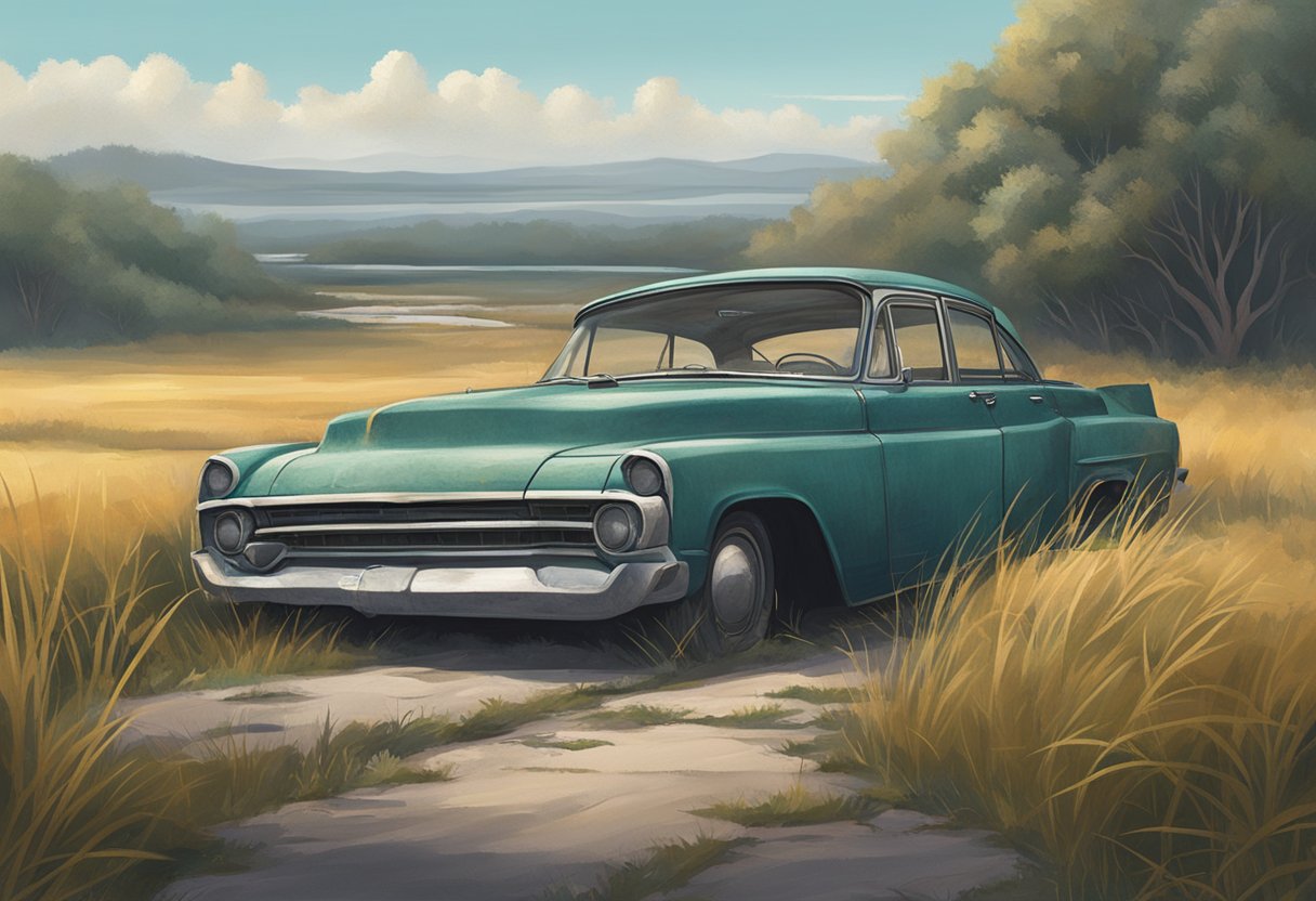 Drew Scott's abandoned car sits on the side of a desolate road, surrounded by overgrown grass and eerie silence