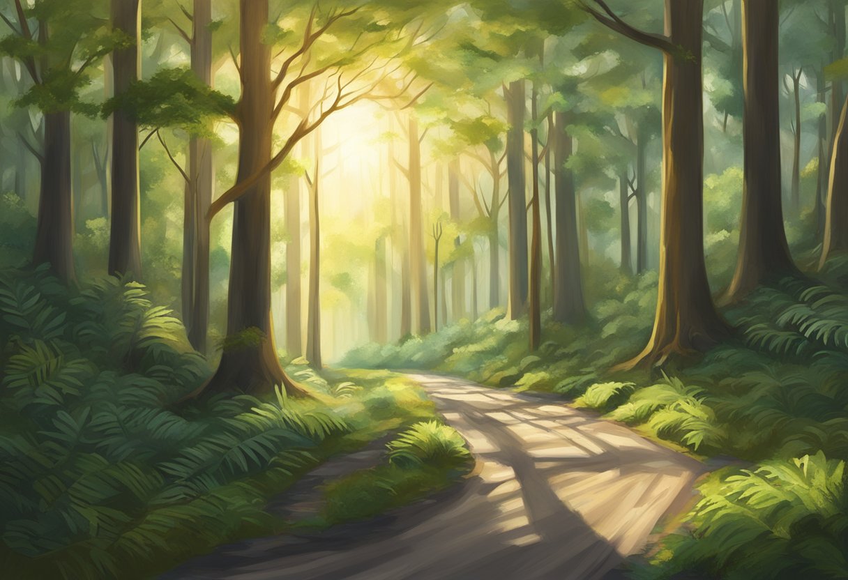 Drew Scott's personal journey: A winding road through a dense forest, with sunlight breaking through the trees