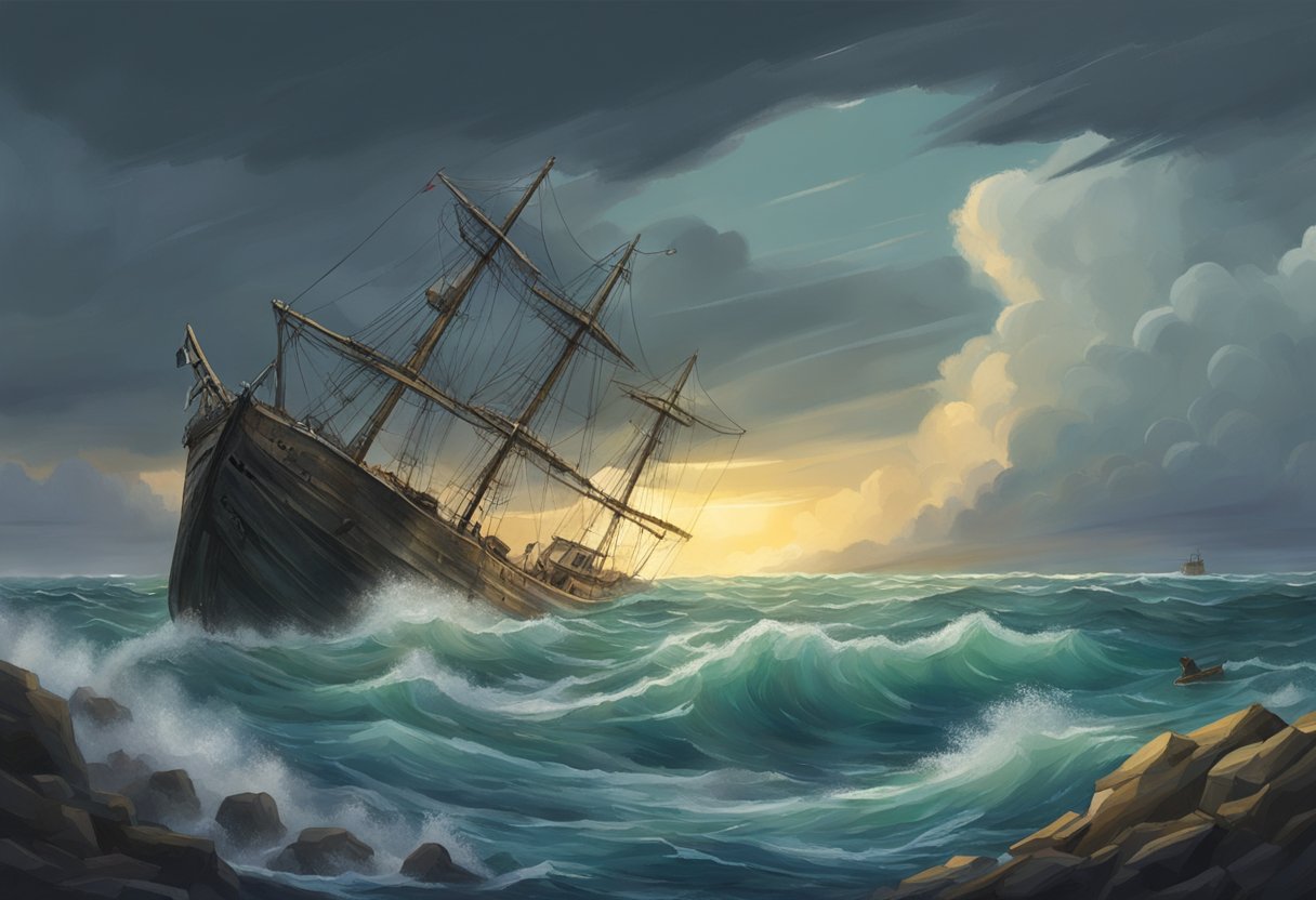 A stormy sea with a shipwrecked vessel and a lone survivor clinging to debris