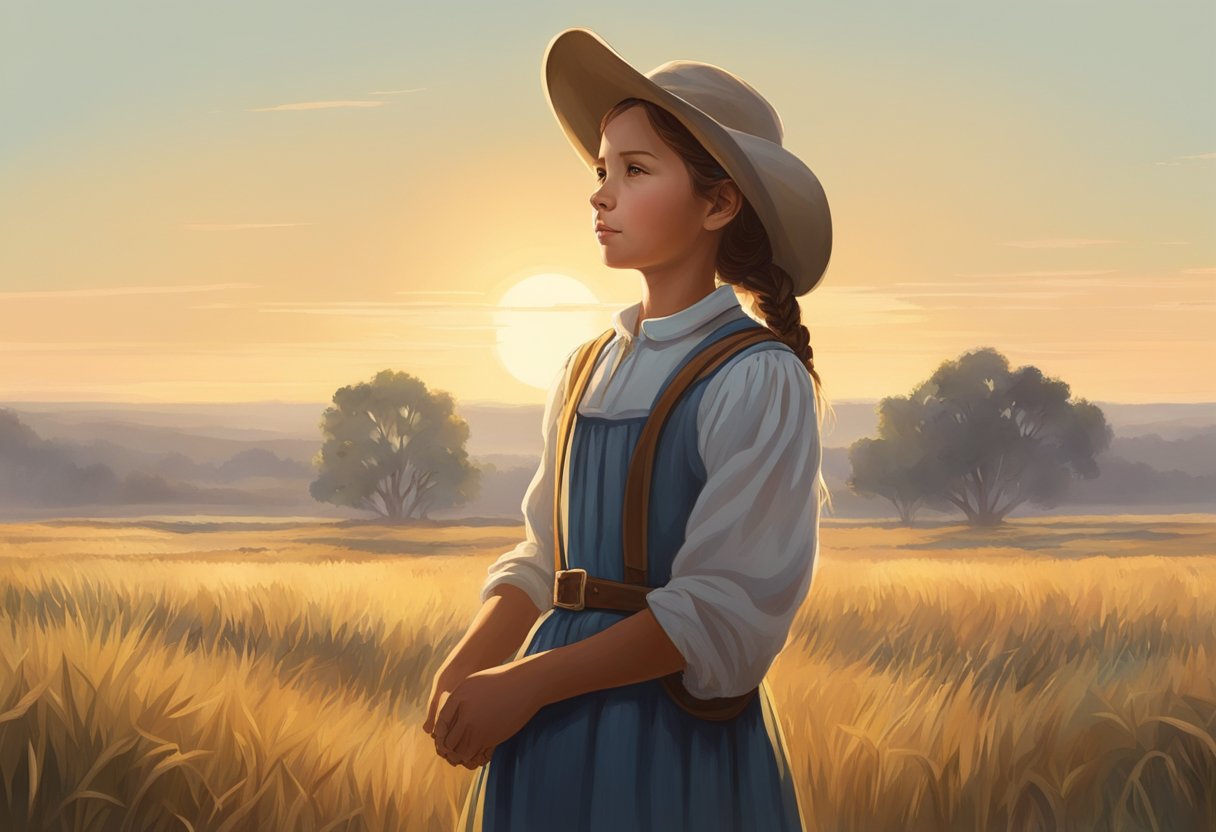 A young girl in pioneer clothing stands in a sunlit prairie, gazing at a distant horizon with a sense of hope and determination