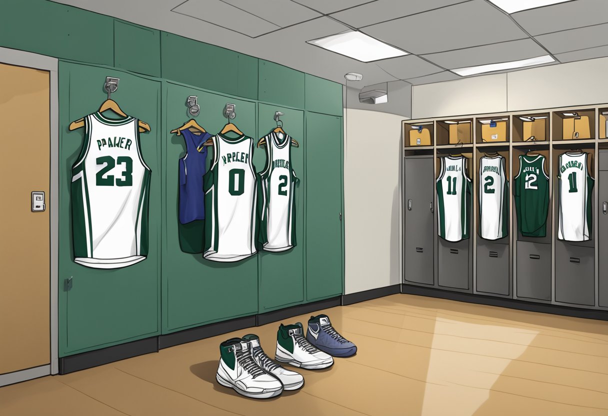 Jabari Parker's basketball jersey hangs abandoned on a locker room hook, while a team huddles solemnly in the background