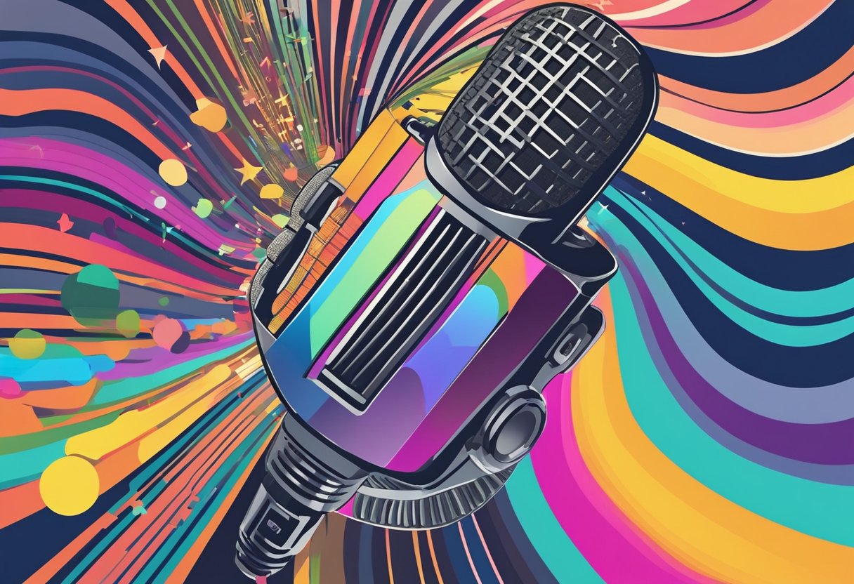 A microphone surrounded by colorful sound waves, morphing into different musical genres, symbolizing the evolution of Miley Cyrus's music career