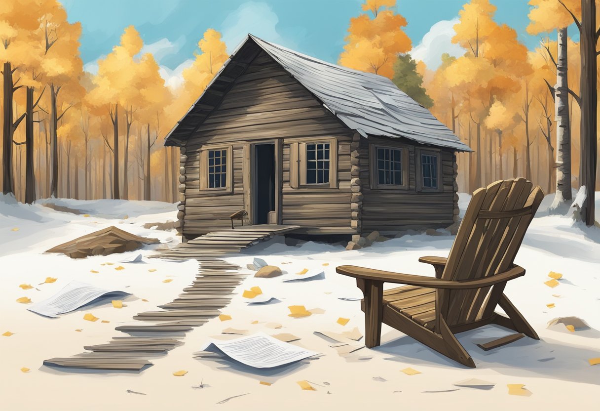 A deserted cabin with an overturned chair and scattered papers, a broken window, and a trail of footprints leading into the woods