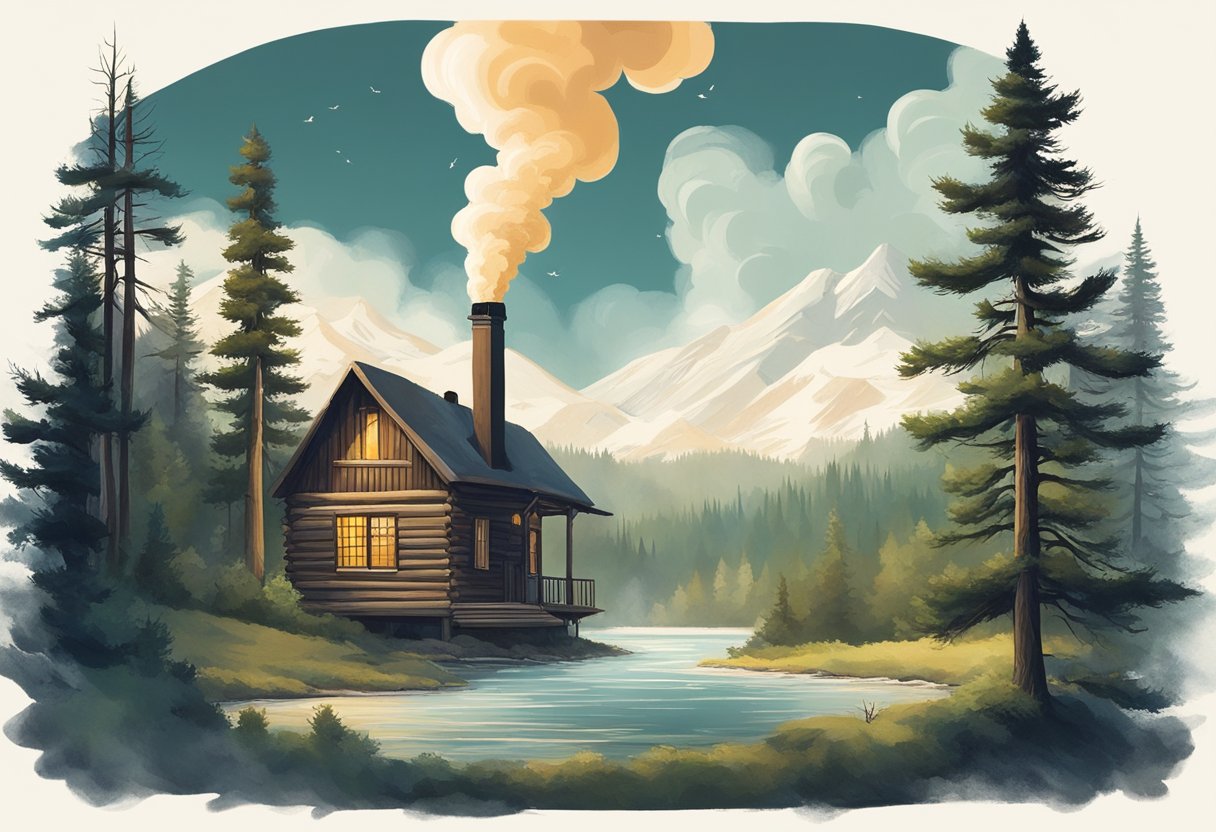 A lone cabin in the heart of the wilderness, surrounded by towering trees and a winding river. Smoke rises from the chimney, indicating recent activity