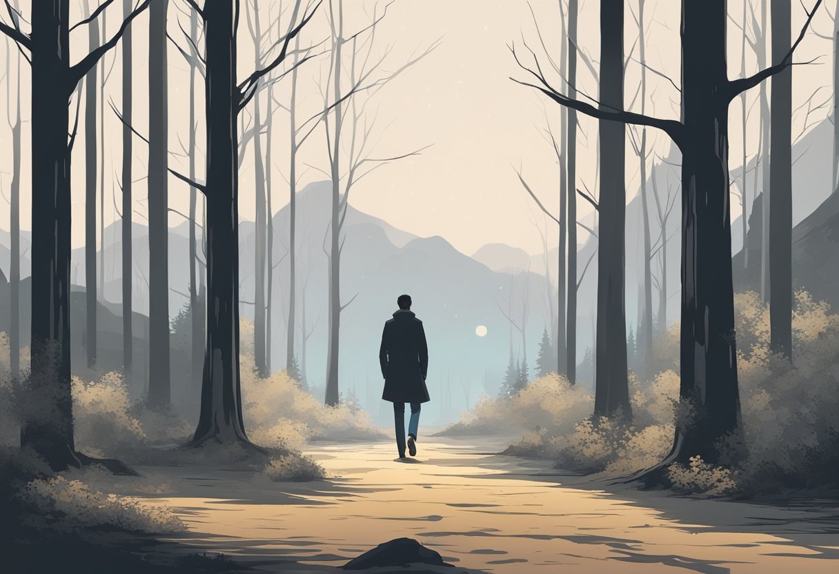 A lone figure walks through a desolate forest, with a sense of abandonment and loneliness lingering in the air