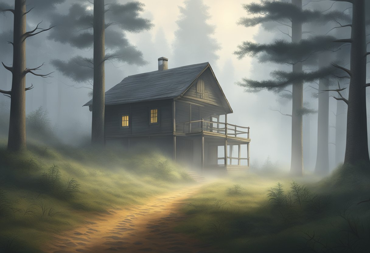 A fog-covered forest clearing with a lone, abandoned cabin and a trail of footprints disappearing into the mist