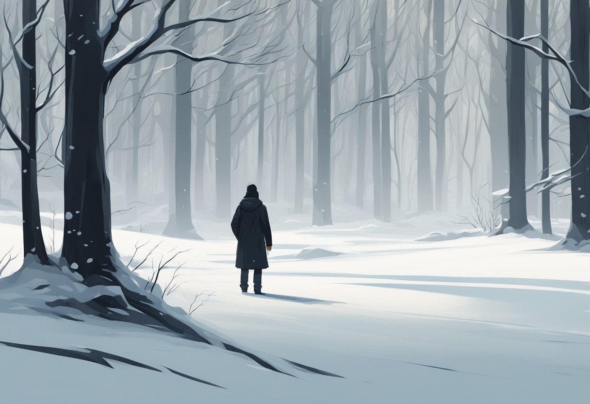 A lone figure stands in the snow, surrounded by the eerie silence of the woods. The wind whips through the trees, creating an ominous atmosphere