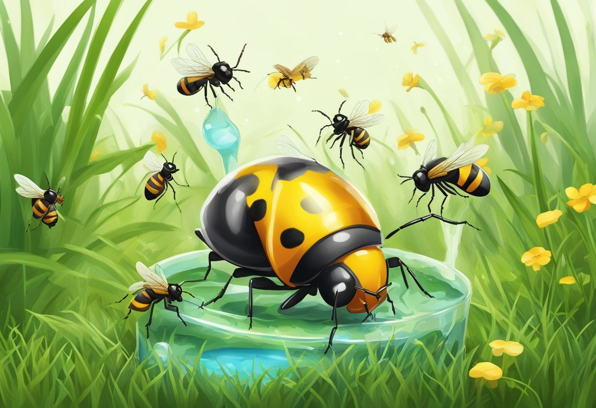 An overturned bug juice drink spills onto the grass, surrounded by curious ants and a buzzing fly