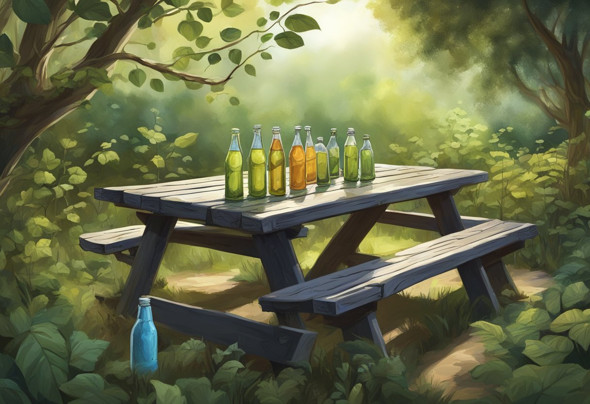 An abandoned picnic table with empty bug juice bottles scattered around, overgrown with vines and surrounded by nature reclaiming the area